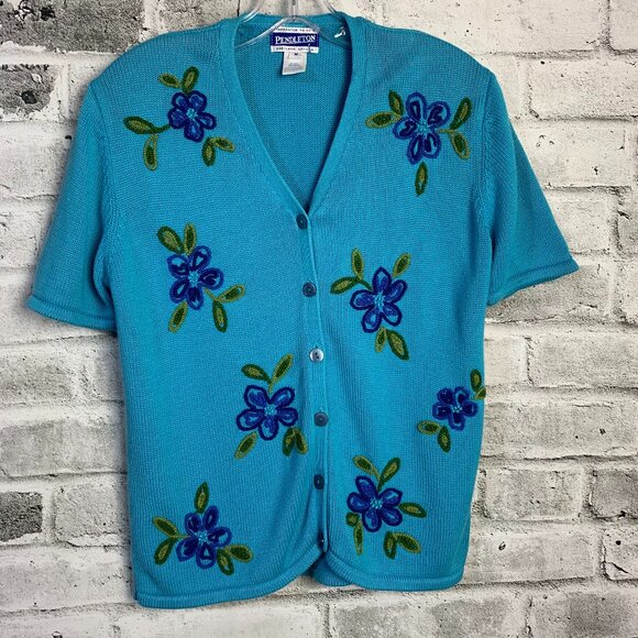 Pendleton Vintage Cardigan Sweater M Blue Floral Embroidered Short Sleeve V-Neck - Picture 1 of 11